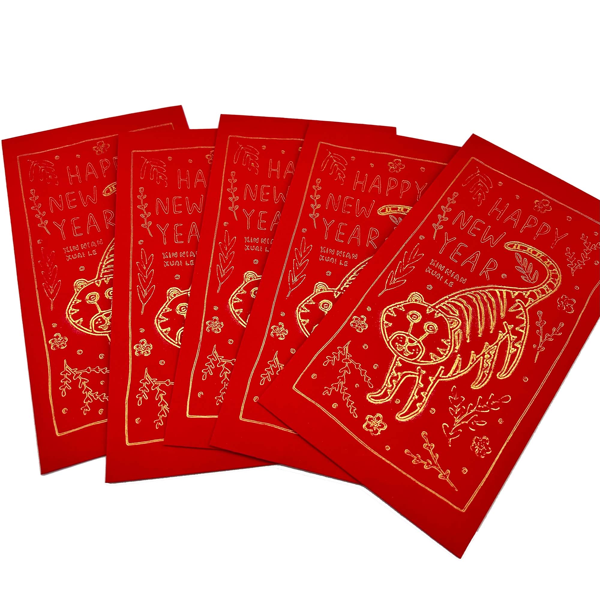 A vibrant red envelope featuring a floral tiger design, symbolizing luck and prosperity for Lunar New Year celebrations.